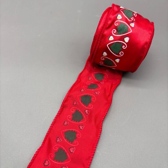Vintage Wired Satin Christmas Ribbon 80s Folk Art Red Hearts Trees Print 5+ Yds - Picture 3 of 9